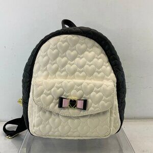Betsey Johnson Cream Black Heart Quilted Faux Leather Zip & Snap Pocket Backpack